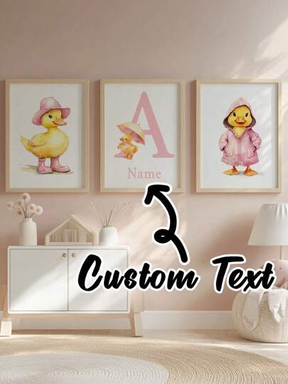 3pcs Frameless Personalized Custom Kids Room Decoration Painting, Little Yellow Duck Teen Room Decoration, Pink Duck Girl Room Decoration Photo Frame, Girls Kids Room Decoration Poster, Wall Art Picture Kids Bedroom Home Decoration Back To School