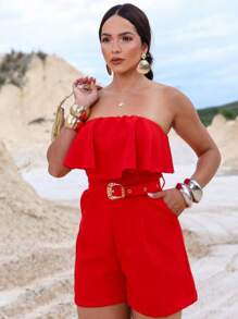 Premium Tailored Jumpsuit With Fringe And Elegant Belt Spring/Summer Fashion - Red - View 3