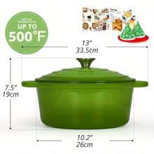 5L Enamelled Cast Iron Round Casserole Pot With Lid Cookbook & Cotton Potholders - Non-Stick Dutch Oven Cookware For Braising, Stews, Roasting, Bread Baking - Green, 26cm - Green - View 3