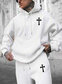 男士秋冬连帽衫套装 | 十字印花 | 休闲运动必备 - 白色 - 查看 3