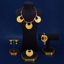 Mgyi Gold-Colored Copper Fashionable And High-End Luxury Retro Jewelry Set For Women,18K Gold Plated Elegant Luxury Square Design Necklace, Earrings, Bracelet, Ring For Women, Suitable For Nigeria, Dubai, Middle East, Saudi Arabia Bridal Wedding, Daily Wear, Wedding Anniversary Gift, Halloween Gift For Friends