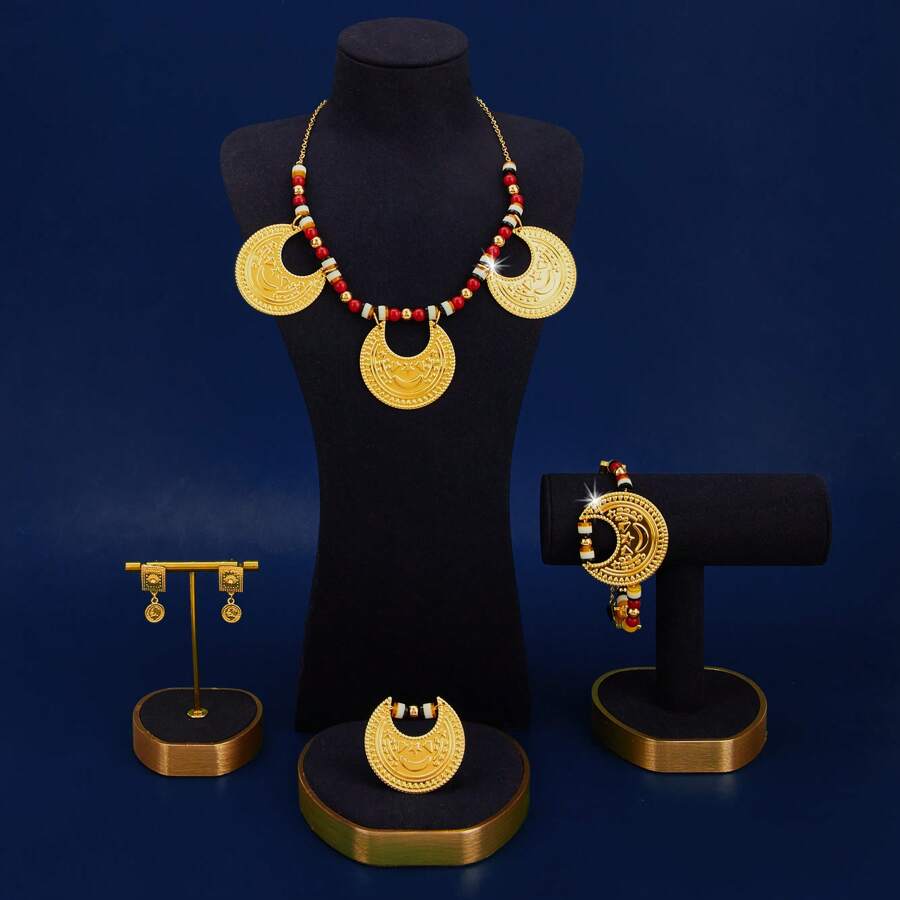 Mgyi Gold-Colored Copper Fashionable And High-End Luxury Retro Jewelry Set For Women,18K Gold Plated Elegant Luxury Square Design Necklace, Earrings, Bracelet, Ring For Women, Suitable For Nigeria, Dubai, Middle East, Saudi Arabia Bridal Wedding, Daily Wear, Wedding Anniversary Gift, Halloween Gift For Friends