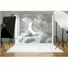 Fondo fotográfico de vinilo con diseño de luna, estrellas y nubes blancas para decoración de fiesta de cumpleaños, ducha de bebé, decoración interior y como accesorio para fotografía