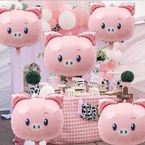 5 piezas de globos de aluminio con diseños de cerdito, oso marrón y tigre, son adecuados para decoraciones de fiestas de cumpleaños con temática de la jungla o el zoológico, incluyendo globos con diseños de cerdo, seta, y de fiesta de cumpleaños en el zoológico