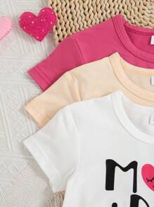 3 pièces/Set Nœud pour bébé fille, T-shirts imprimés de lettres et motifs graphiques, printemps/été