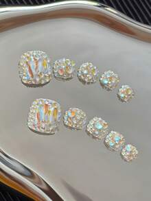 10pcs/Pack Rhinestone Studded Square Toe Nail Stickers, Handmade With Colorful Transparent Rhinestones And Glitter Design, Reusable Sparkling Nail Art Decals For Women - White - View 9