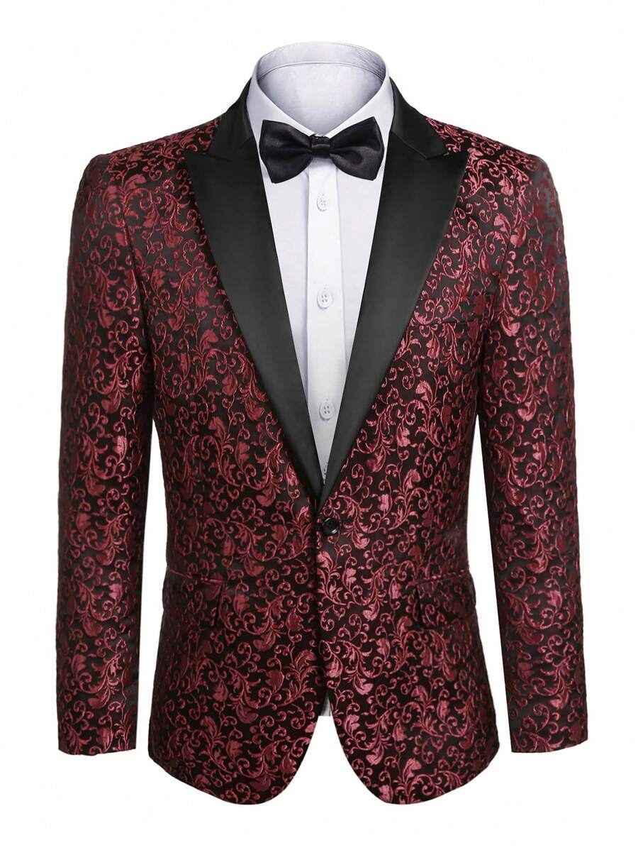Men's Floral Jacquard Long Sleeve Casual Suit Jacket For Party & Gathering, Autumn
