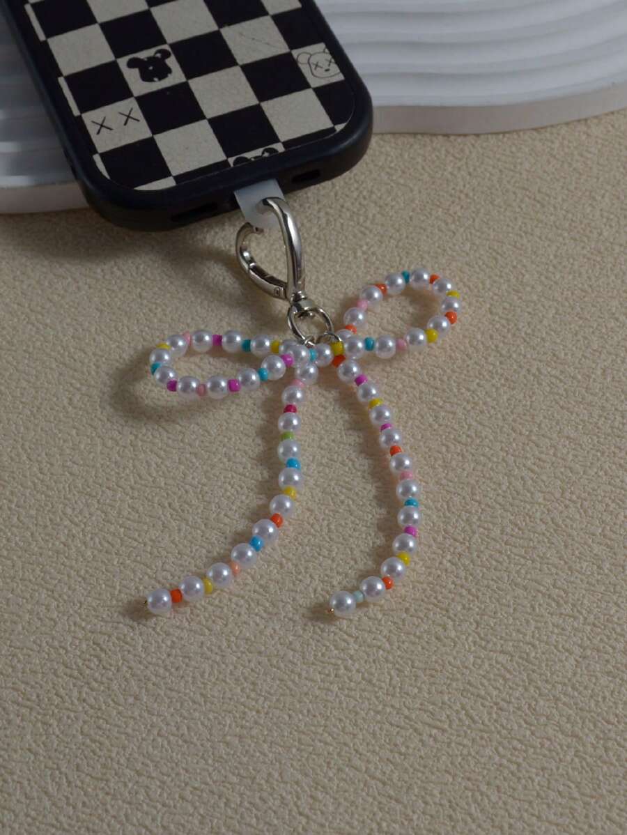 1 件简约时尚 DIY 手工串珠蝴蝶结装饰适用于服装包手机壳钥匙扣完美生日 - 可拆卸卡夹和防丢失贴纸兼容 iPhone 15 iPhone 14 圣诞节礼物感恩节复古