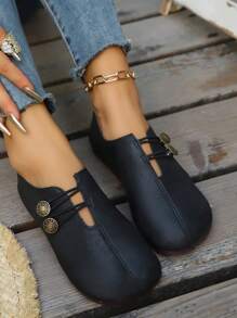 New European & American Imported Soft-Bottom Flat Heel Loafer Shoes, Comfortable & Versatile Slip-On Casual Granny Shoes For Moms - Black - View 6