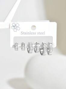 Set de 6 piezas Pendientes de aro elegantes de circonita, de acero inoxidable, adecuados para uso diario