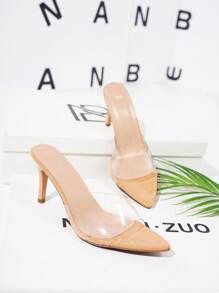 Sandales à talons hauts de 8 cm à bride transparente et bout pointu, style minimaliste, couleur abricot, grande taille. Polyvalentes pour robes, pantalons, tenues de rue, rehaussant et affinant. Tenues printemps-été - Nude - Voir 3