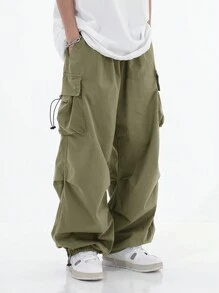 Men's Paratroop Cargo Pants, High Street Design Loose Hiphop Trousers, Unisex Wide Leg Straight Casual Pants, Outdoor Street Wear