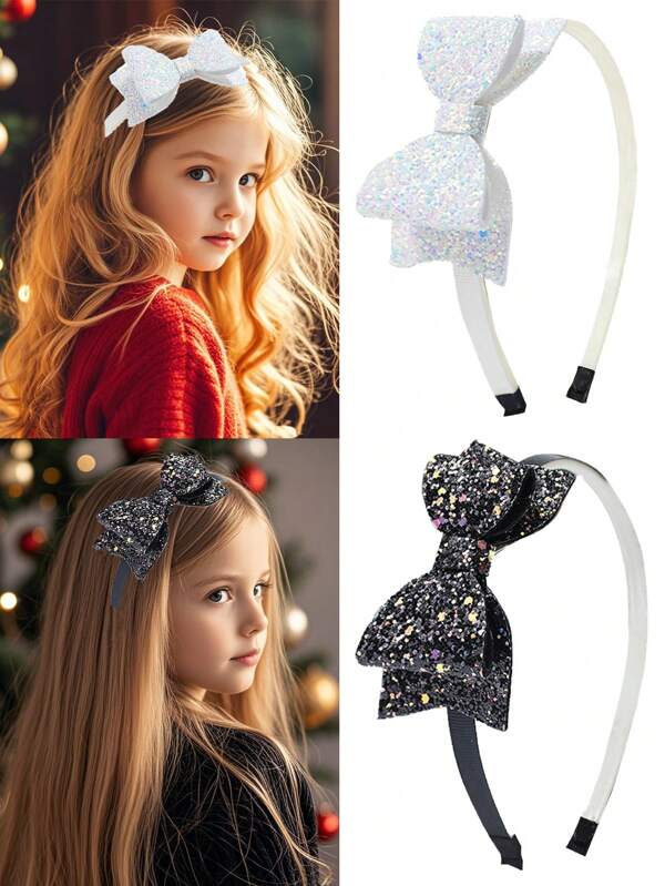1pc/2pcs/3pcs Girls Small/Medium/Large Children's Valentine's Day/New Year Party Minimalist Sequin Bow Headband, Cute Elegant Hair Accessory, All Match Back To School