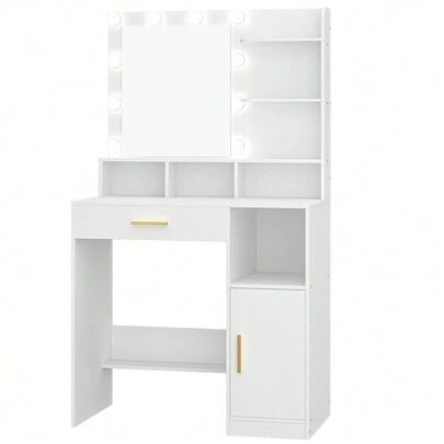 HEXCELEN Dressing Table With Mirror And 10 LED Lights, Makeup Vanity With 3 Shelves & 4 Open Compartments, Large Drawer & Cabinet, Adjustable Lighting Brightness, No Stool