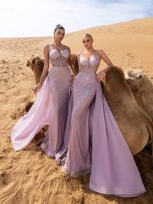 Faeriesty Haute Glamour Women's Elegant Formal Evening Dress With Delicate Spaghetti Straps And Flattering Mermaid-Style Skirt, Embellished With Sparkling Beads And Intricate Embroidery For A Sophisticated Silhouette, Perfect For Black-Tie Galas, Wedding Receptions, Red-Carpet Events, Award Ceremonies, And Charity Balls. - Mauve Purple - View 7