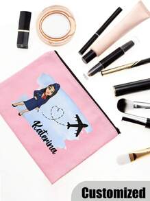 1 PC Fashionable Flight Attendant Personalized Cosmetic Bag - Durable Polyester Makeup Pouch With Zipper, Machine Washable, Lightweight, Fade Resistant, Foldable, And Fixed Shoulder Strap For Customizable Travel Toiletry Organization And Easy Carrying - Pink - View 4