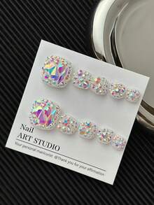 10pcs/Pack Rhinestone Studded Square Toe Nail Stickers, Handmade With Colorful Transparent Rhinestones And Glitter Design, Reusable Sparkling Nail Art Decals For Women Nails - Multicolor - View 2