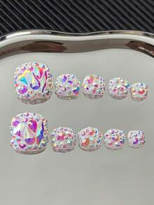 10pcs/Pack Rhinestone Studded Square Toe Nail Stickers, Handmade With Colorful Transparent Rhinestones And Glitter Design, Reusable Sparkling Nail Art Decals For Women Nails - Multicolor - View 3