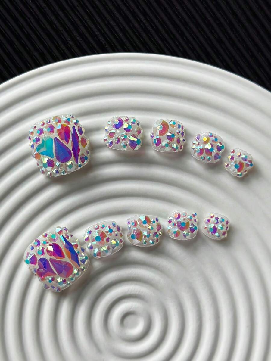 10pcs/Pack Rhinestone Studded Square Toe Nail Stickers, Handmade With Colorful Transparent Rhinestones And Glitter Design, Reusable Sparkling Nail Art Decals For Women Nails - Multicolor - View 1