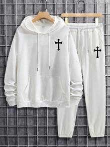 男士秋冬连帽衫套装 | 十字印花 | 休闲运动必备 - 白色 - 查看 6