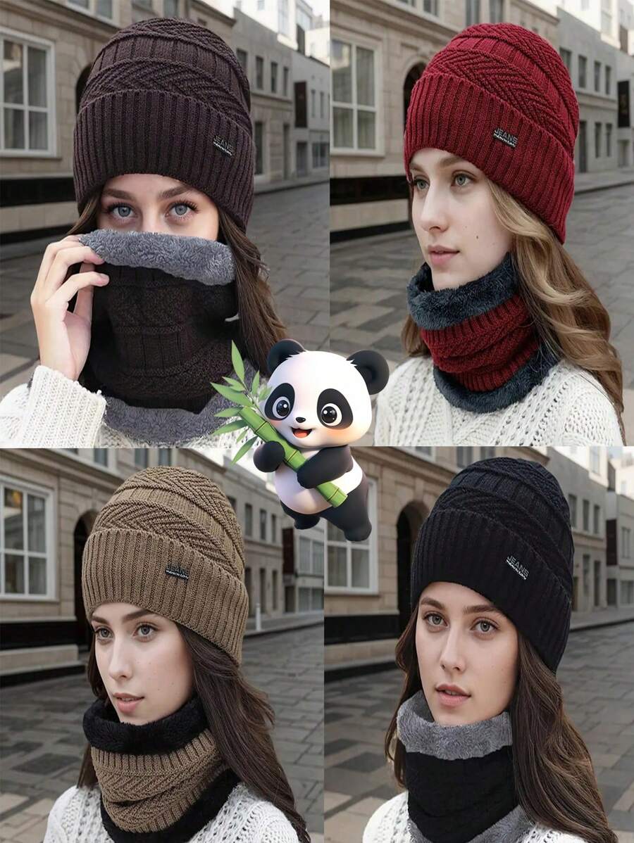 两件套冬季男士套装，带耳罩、针织帽和保暖颈套 - 舒适羊毛衬里，无帽檐设计，防寒保暖