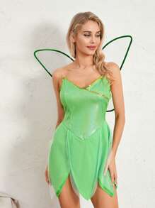 Ladies Halloween Forest Fairy Costume Sexy Solid Color Sequin Tube Tops Short Dress with Wings - Verde - Ver 4