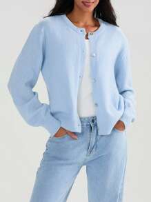 Women Button Up Sweaters Casual Lightweight Solid Color Knit Cardigans Warm Knitwear - Blue - View 4