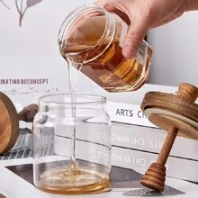 1pc Premium Large Glass Honey Jar Seasoning Jar With Wooden Stirrer - Durable High Borosilicate Glass, Transparent, Airtight, Kitchen Storage Essential - Elegant Wooden Stirring Stick Included For Easy Serving, 16.9oz,School Supplies