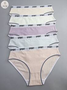 5条装女士加大码条纹字母装饰松紧腰舒适透气内裤