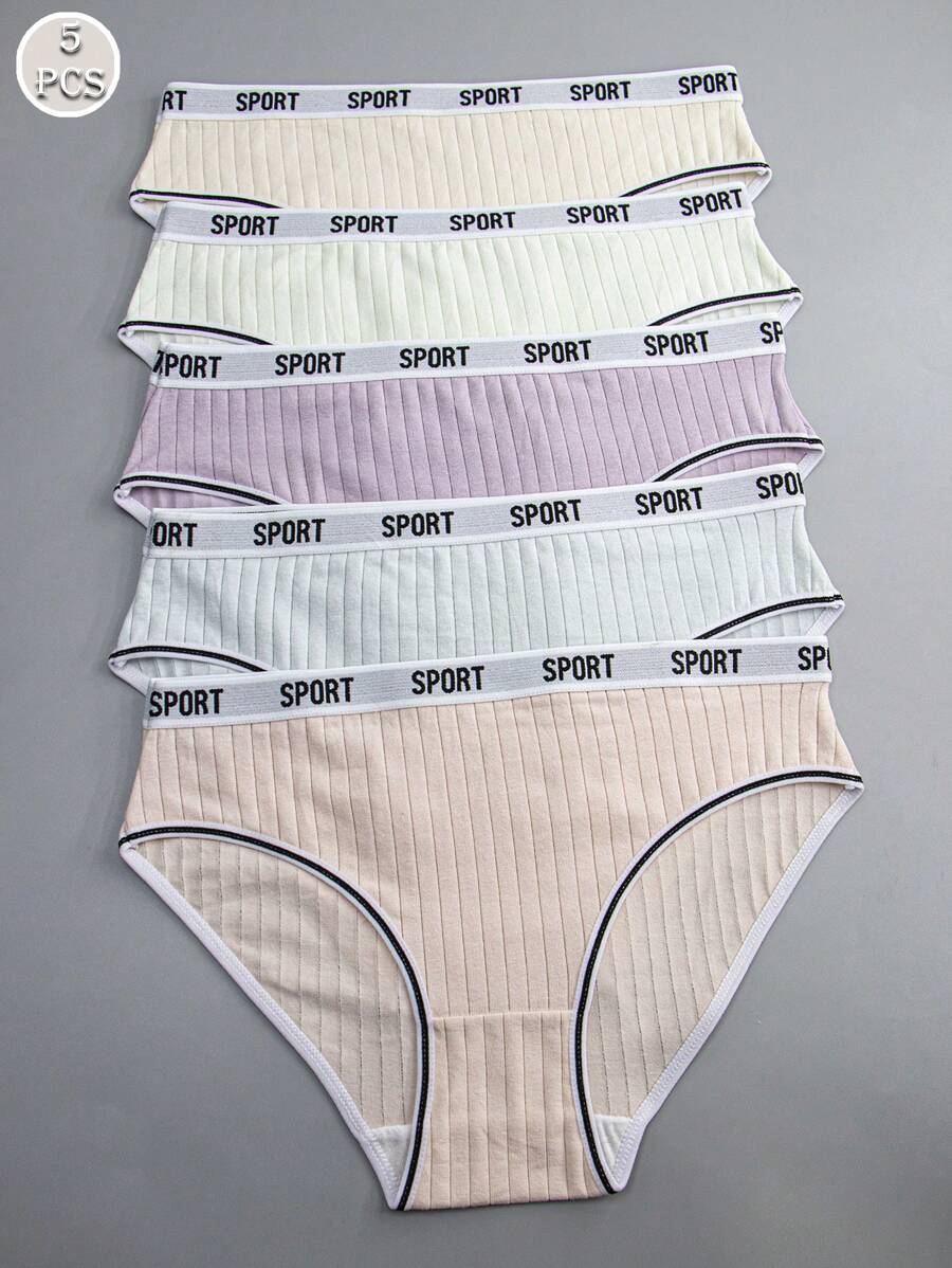 5条装女士加大码条纹字母装饰松紧腰舒适透气内裤