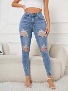 Pantalones ajustados rasgados con efecto desgastado, lavado azul, mezclilla para mujer, jeans y ropa de mezclilla Jeans ajustados para mujer de talla grande - Mezcla de algodón, elasticidad media, color sólido, mezclilla casual para todas las estaciones con bolsillos, cierre de cremallera, pantalones largos de corte lápiz para usar el fin de semana - Azul - Ver 4