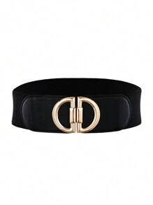 1 件女式宽腰带闭合松紧腰带金属扣装饰复古高腰连衣裙腰带，黑色 - 腰封 - 查看 2