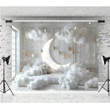 Fondo fotográfico de vinilo con diseño de luna, estrellas y nubes blancas para decoración de fiesta de cumpleaños, ducha de bebé, decoración interior y como accesorio para fotografía