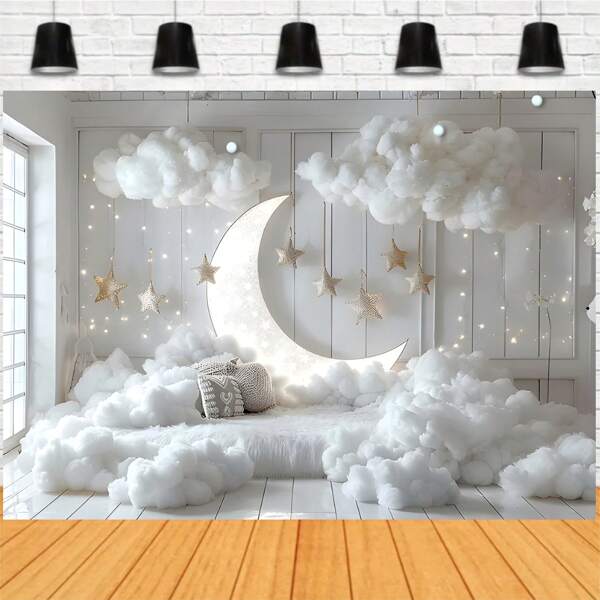 White Photography Backdrop Moon Stars White Clouds Birthday Party Background Banner Indoor Decoration Cake Crush Shower Photo Prop Vinyl