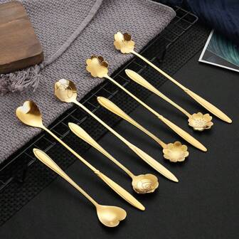 8pcs Set Luxury Gold Plated Stainless Steel Coffee Spoons, Dessert Spoons, Ice Cream Spoons, Fruit Forks, Suitable For Home, Kitchen, Restaurant, Hotel, Holiday Party, Valentine's Day Gift Back To School