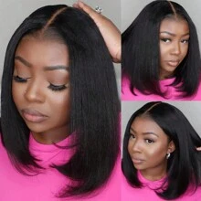 4x4 HD Yaki Straight Bob Wig Human Hair Pre Everything Glueless Lace Front Wig Pre Plucked Hairline Bleached Bye Bye Knots Ready To Go Short Yaki Bob Wig 200% Density - Natural Black - 查看 3