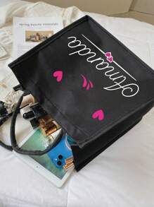 2pcs Personalized Name Heart Pattern Tote Bag And Cosmetic Bag Set, Women's Linen Large Capacity Tote Bag, Shopping Bag, Portable Casual Storage Tote Bag, Suitable For Daily Travel, Beach Vacation, Large Capacity Shopping Bag, Women's Tote Bag, Portable, Multifunctional, Versatile, Large Capacity, Lightweight, Practical, Multipurpose, Colorful, Cute, Adorable, Kawaii, Y2K Style, Vacation/Casual, Commuting - Black - View 4