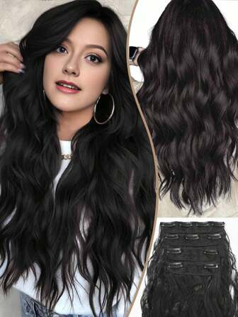 4 件装夹式接发 18-32 英寸波浪接发夹式自然棕色接发全头合成假发片 女士自然光泽