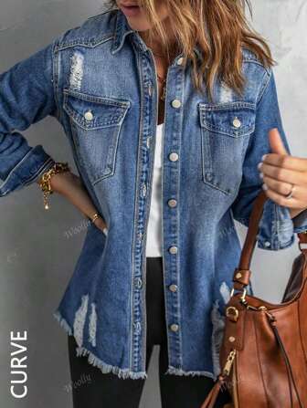 Vrouwen Plus Size Casual Ripped Single Breasted Denim Jacket, Herfst