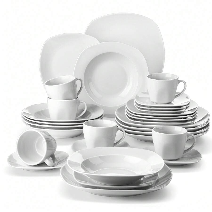 MALACASA 30-Piece Porcelain Tableware Set, White Set, Service For 6 People, Dinner Plate, Dessert Plate And Soup Plate Set - 白色 - 查看 1