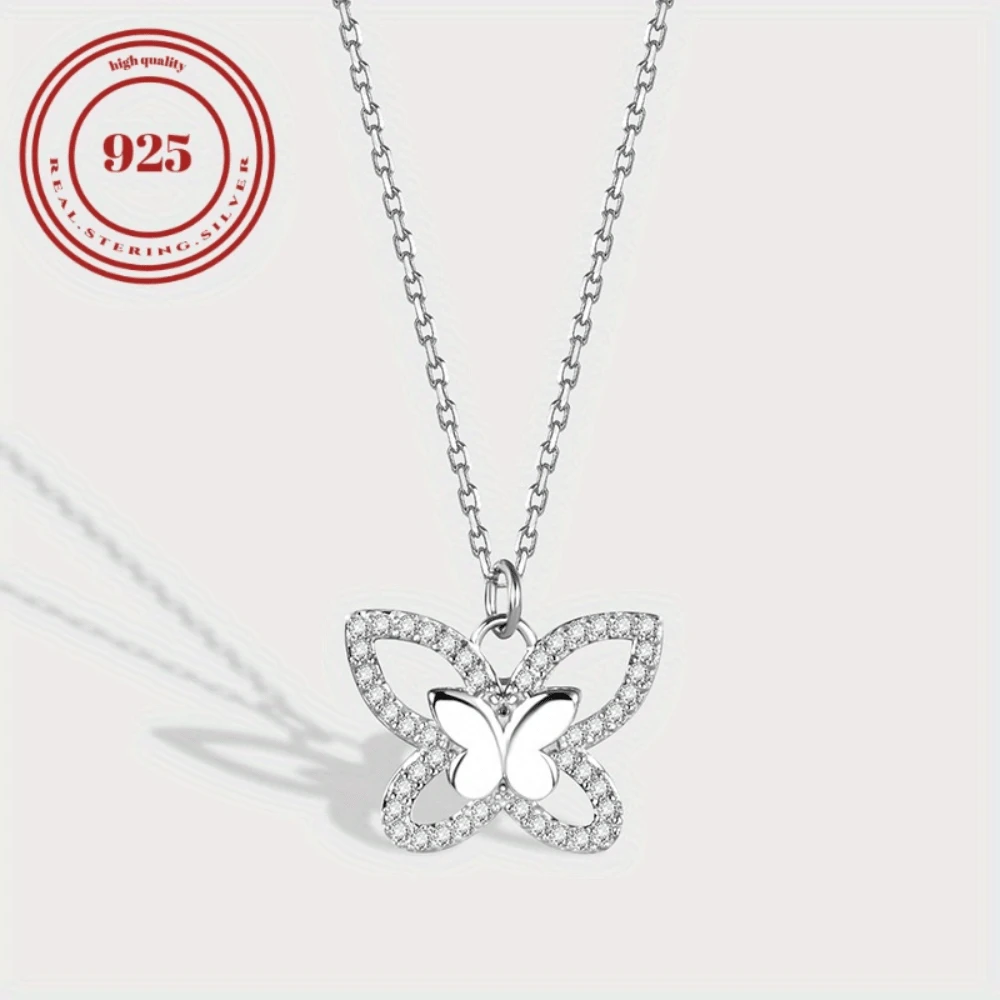Sterling Silver S925 Butterfly Necklace Hollowed Out Edge Diamond Small Luxury Luxury High-End Design Sense For Men And Women.2.55g/0.09oz - White Gold - View 1