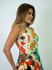 Long Printed Dress With Elastic - 卡其色 - 查看 5