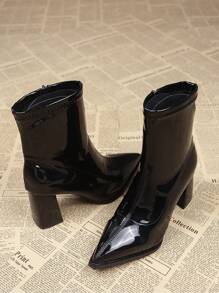 2025 秋冬女士时尚尖头漆皮百搭中筒粗跟靴 - 黑色 - 查看 5