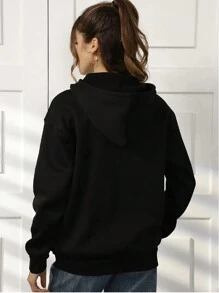 Long Hooded Sweatshirt With Drawstring And Hello Bear Graphic Print - Black - View 3