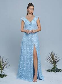 V 领刺绣蕾丝透视无袖前开衩晚礼服、婚礼宾客礼服、派对礼服、正式礼服、长袍 - 淺藍色 - 查看 4