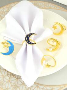 Juego de 2/4/6 piezas de argollas para servilletas con motivos de estrellas y lunas, aros de servilleta Eid Al-Adha para decorar la mesa del comedor, portaservilletas dorados con forma de luna - multicolor - Ver 9