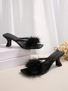 女士时尚高跟毛绒凉鞋，女士黑色休闲鞋 - 黑色 - 查看 2