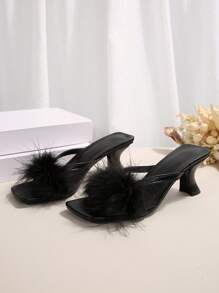 女士时尚高跟毛绒凉鞋，女士黑色休闲鞋 - 黑色 - 查看 3
