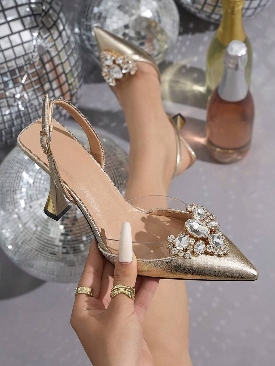 Nuevos sandalias de verano elegantes para damas, zapatos de tacón alto transparentes y cómodos con decoración de rhinestones, bombas de tacón alto con correa trasera de moda, versátiles para uso diario, trabajo, vacaciones, fiesta y vestido formal, tacones altos de color verde - Verde Pastel - Ver 1