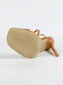 春夏女士时尚高跟鞋,金属PU皮绑带凉鞋,简约方头凉鞋,橙色漆皮高跟凉鞋,细跟踝带凉鞋,户外及日常凉鞋,橙色金属装饰女士凉鞋 - 亮橙色 - 查看 10